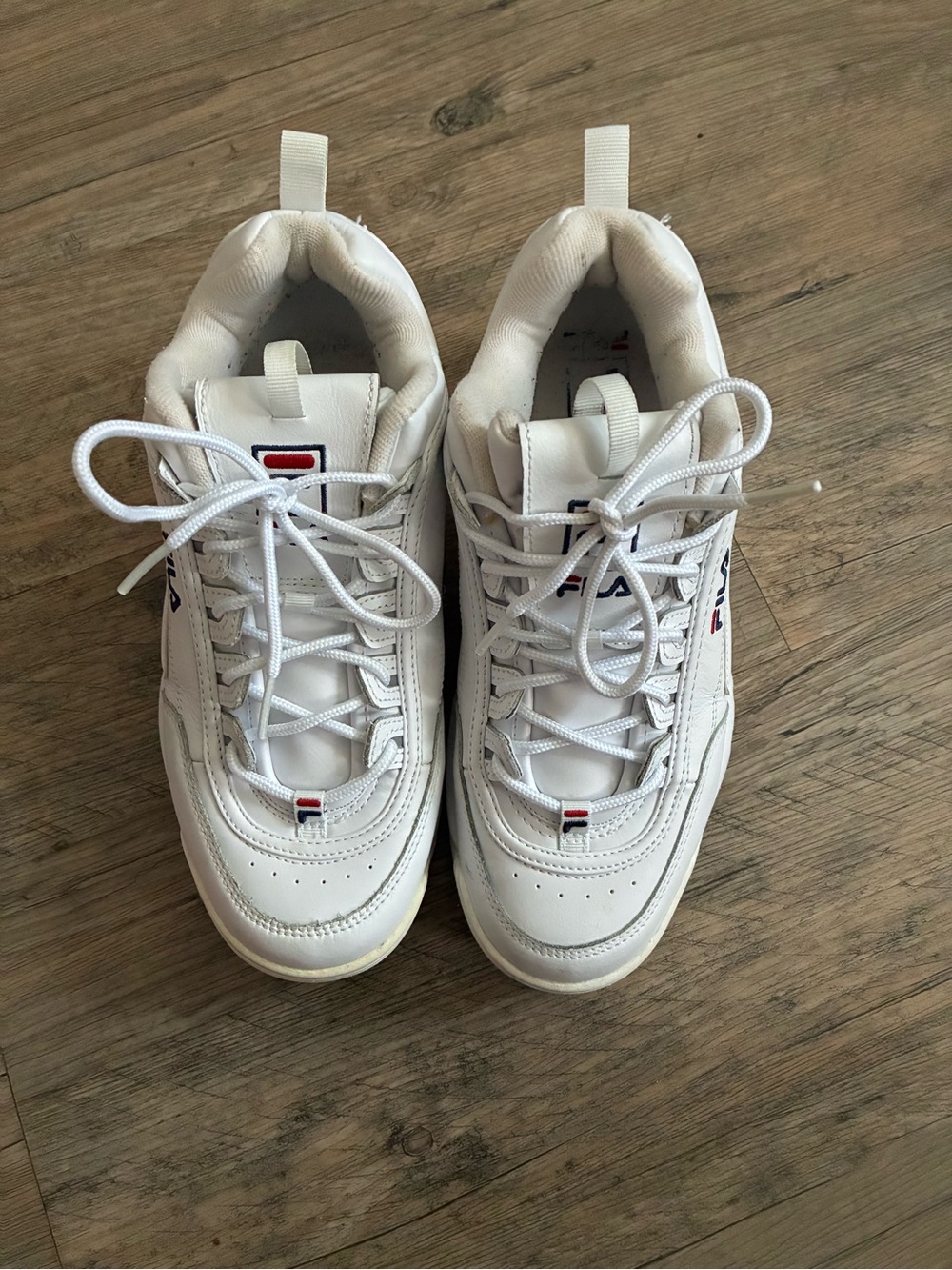 Fila Men's White Leather Sneakers with Red & Blue Logo Accents